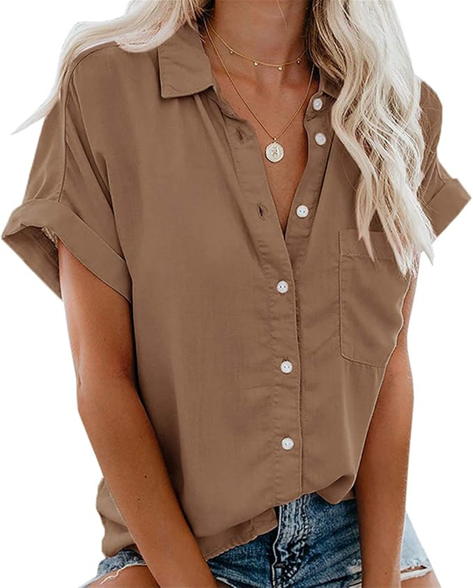 Beautife Womens Short Sleeve Shirts V Neck Collared Button Down Shirt Tops with Pockets | Amazon (US)