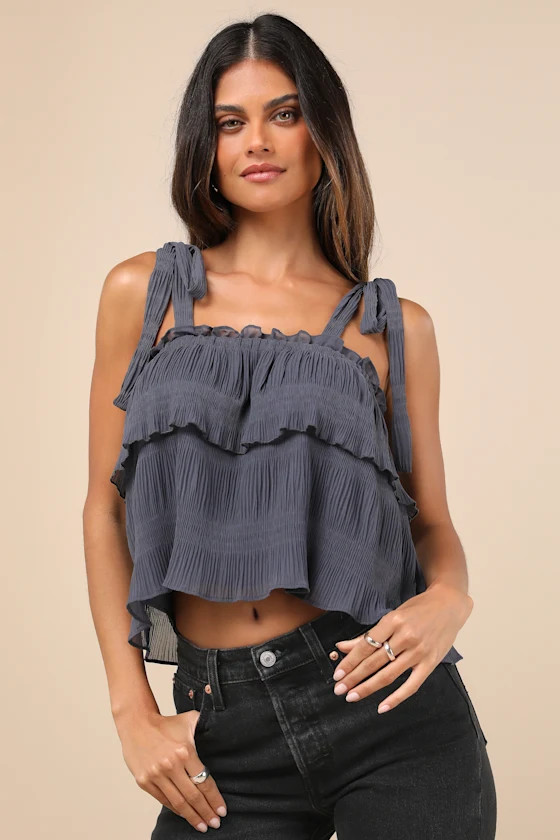 Tiers to Summer Dark Slate Blue Tie-Strap Tiered Tank Top | Lulus