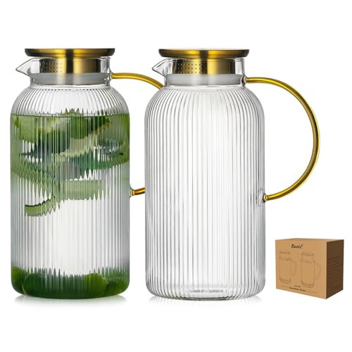 Buaic 2 PACK Glass Pitcher with Lid, 68 oz/ 2L Classic Vertical Stripes Water Pitcher with Handle,Glass Water Carafe for Cold Brew, Coffee, Lemonade, Iced Sun Tea,Beverage,Heat Resistant | Amazon (US)