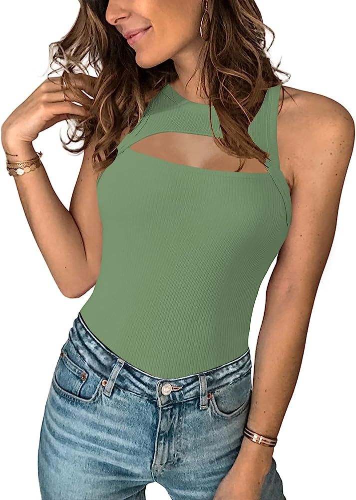 Machico Women's Sexy Cut Out Sleeveless Crew Neck Racer Back Ribbed Thong Bodysuit Tank Tops | Amazon (US)