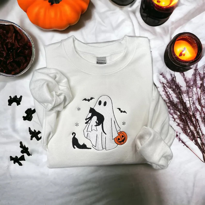 Halloween Sweatshirt Embroidered, Cute Black Cat Crewneck for Women, Ghost With Black Cats Embroi... | Etsy (US)