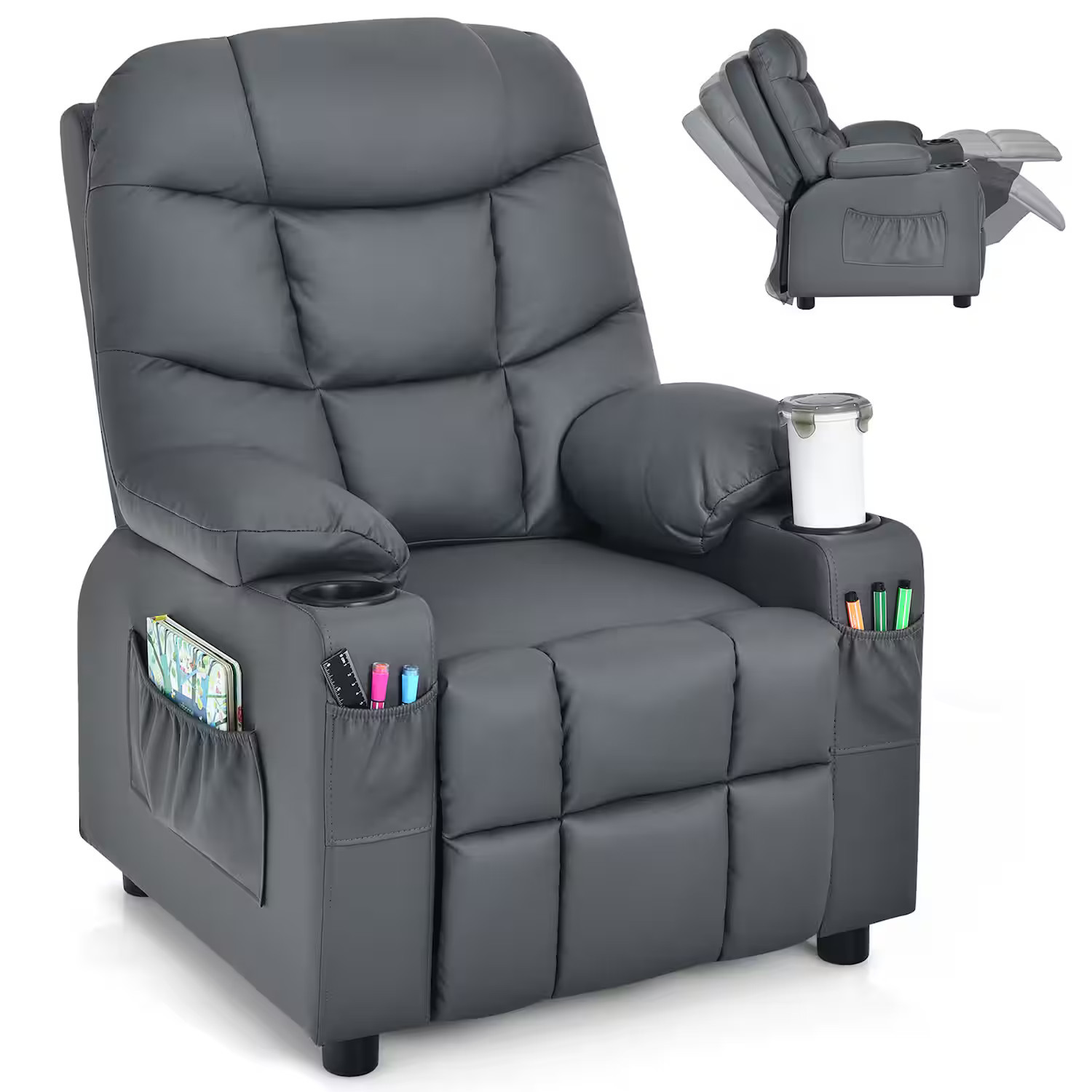 Costway - Kids Youth Recliner Chair PU Leather w/Cup Holders & Side Pockets - Gray | Best Buy U.S.