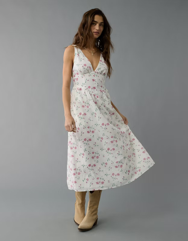 AE V-Neck Corset Midi Dress | American Eagle Outfitters (US & CA)