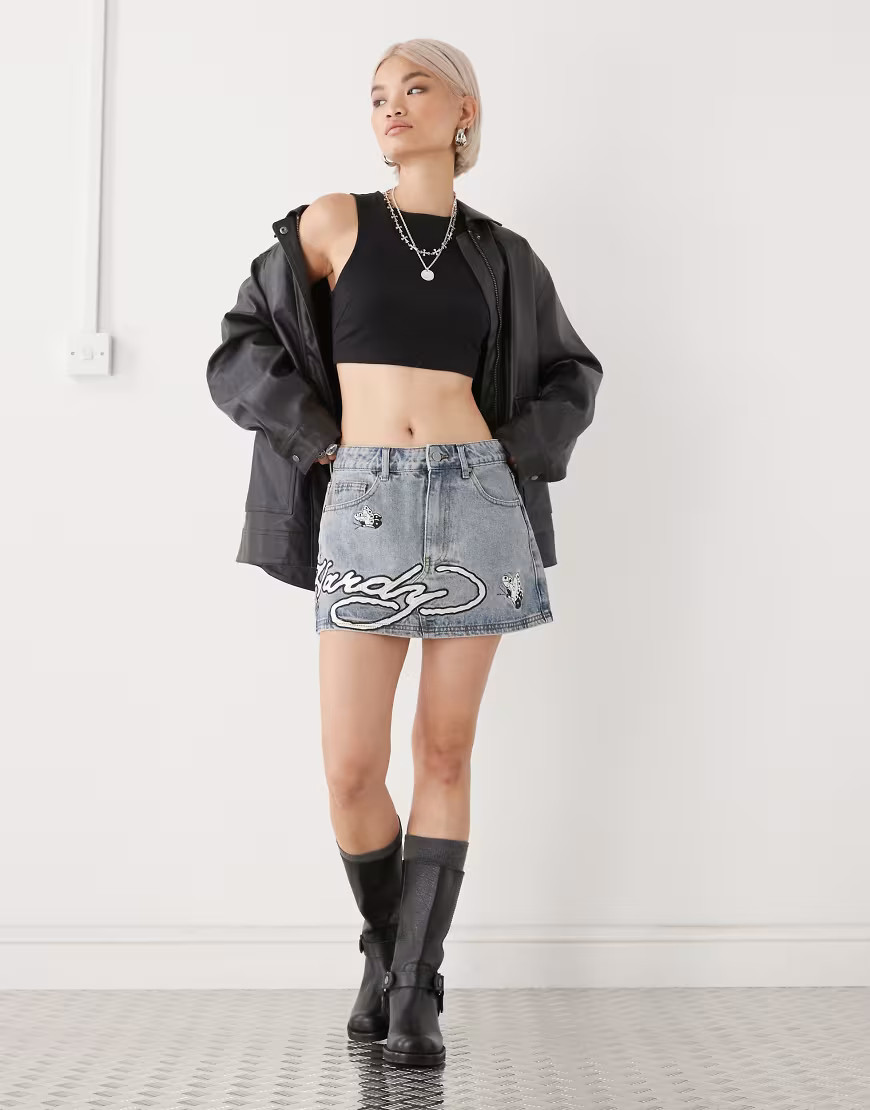 Ed Hardy denim mini skirt with ed hardy graphic in bleach-White | ASOS (Global)