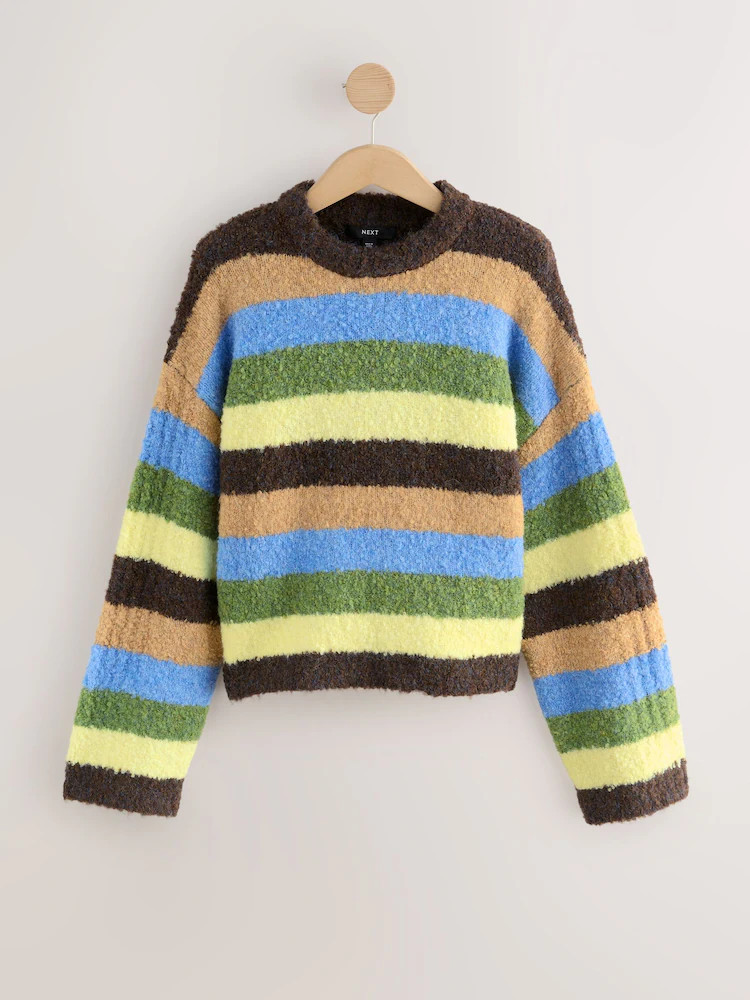 Chocolate Brown/Blue Multi Stripe Boucle Crew Neck Jumper With Wool | Next EU