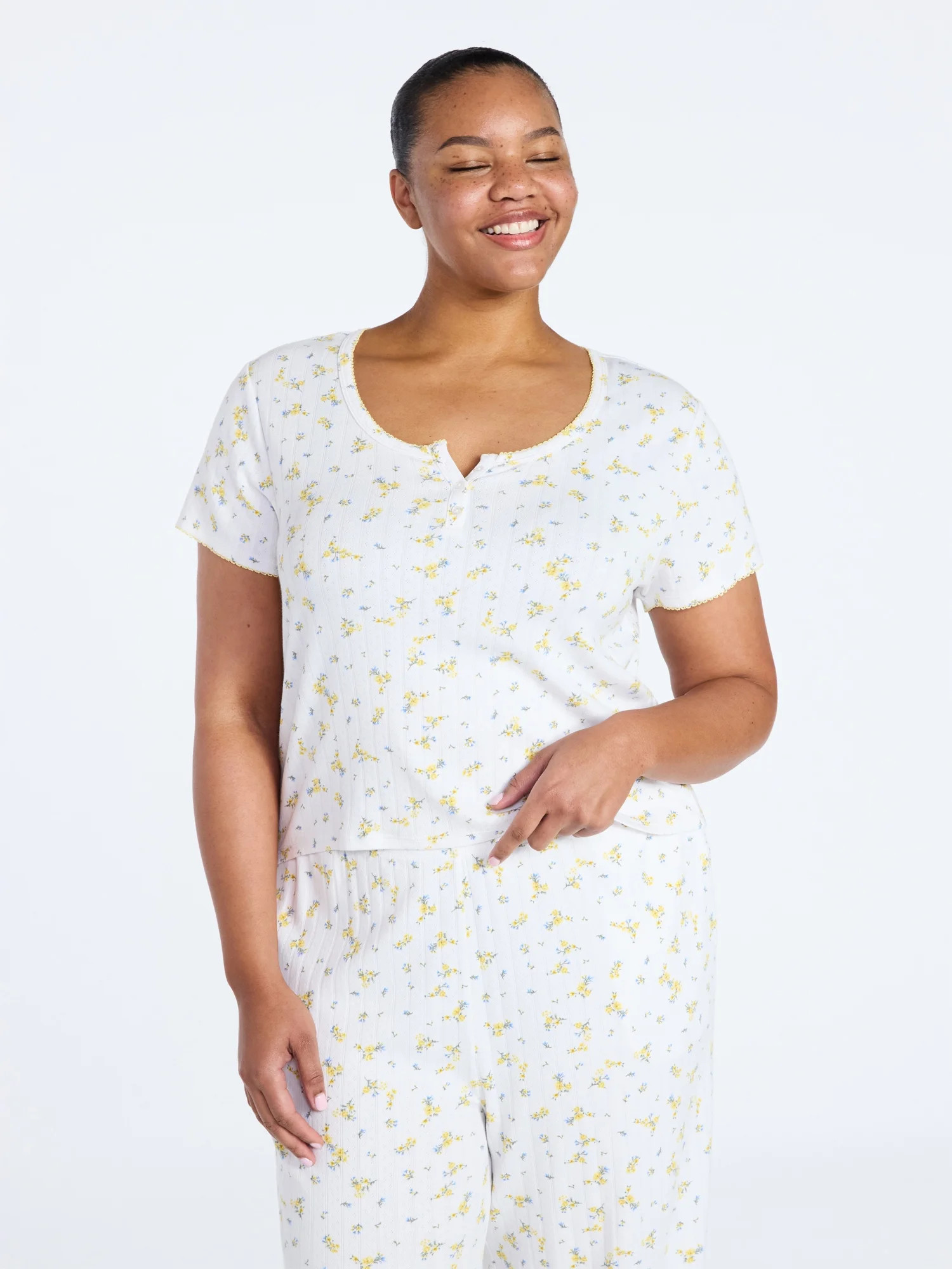 Joyspun Women’s Pointelle Knit Sleepwear Henley Tee with Short Sleeves, Sizes XS-3X | Walmart (US)