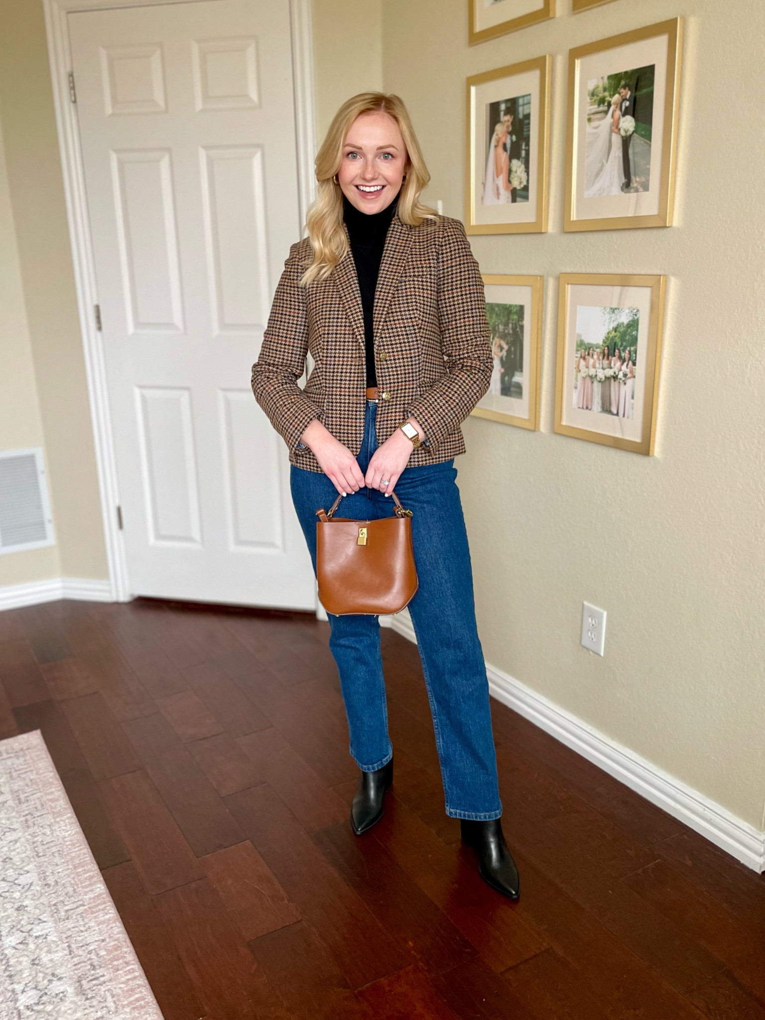 I recommend sizing up in the player for a roomier fit, wearing a 2P! 26S in jeans | winter outfit, preppy winter outfit, plaid blazer, blazer, winter workwear, straight jeans, straight denim, black booties 

#LTKfindsunder100 #LTKstyletip #LTKSeasonal