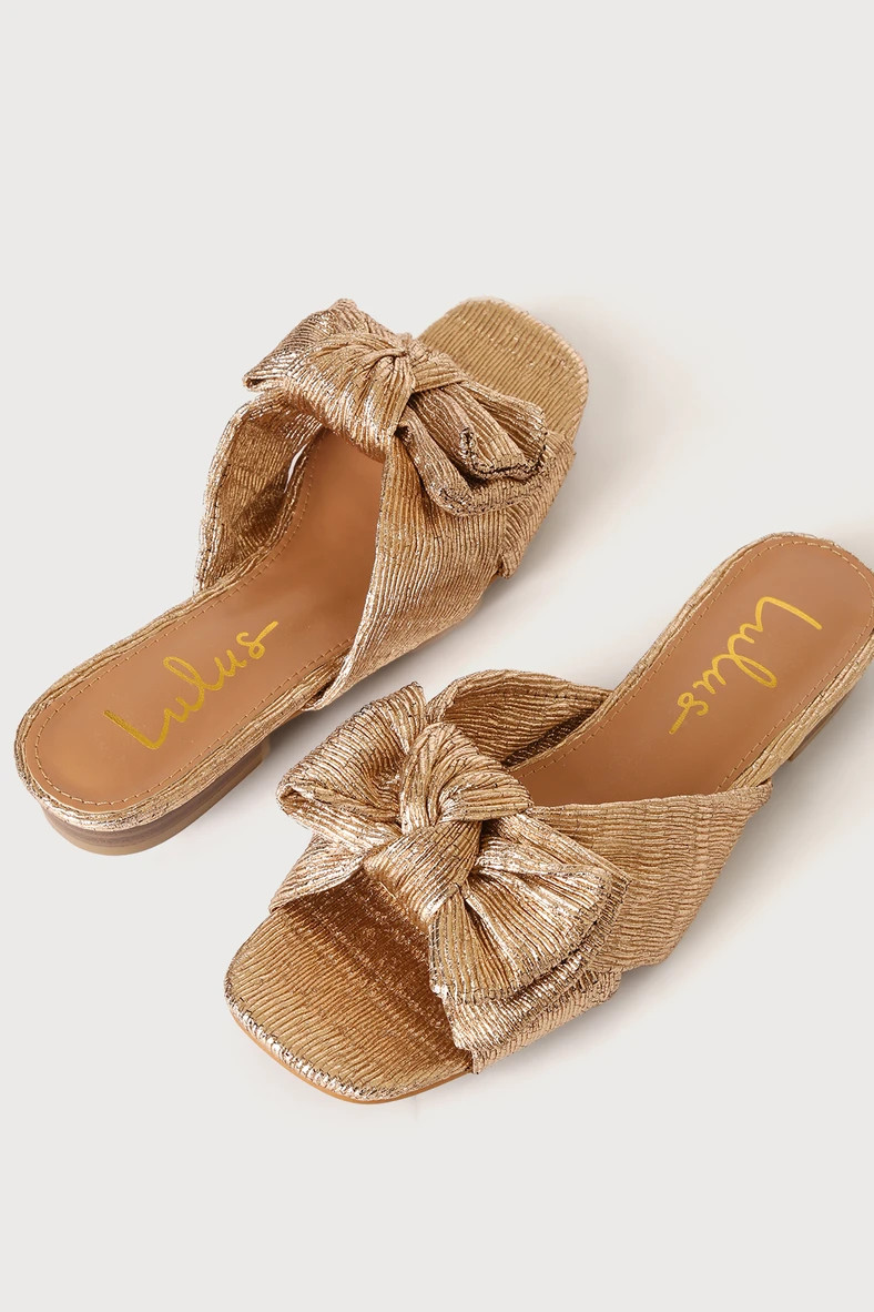 Lortho Rose Gold Metallic Pleated Bow Slide Sandals | Lulus (US)