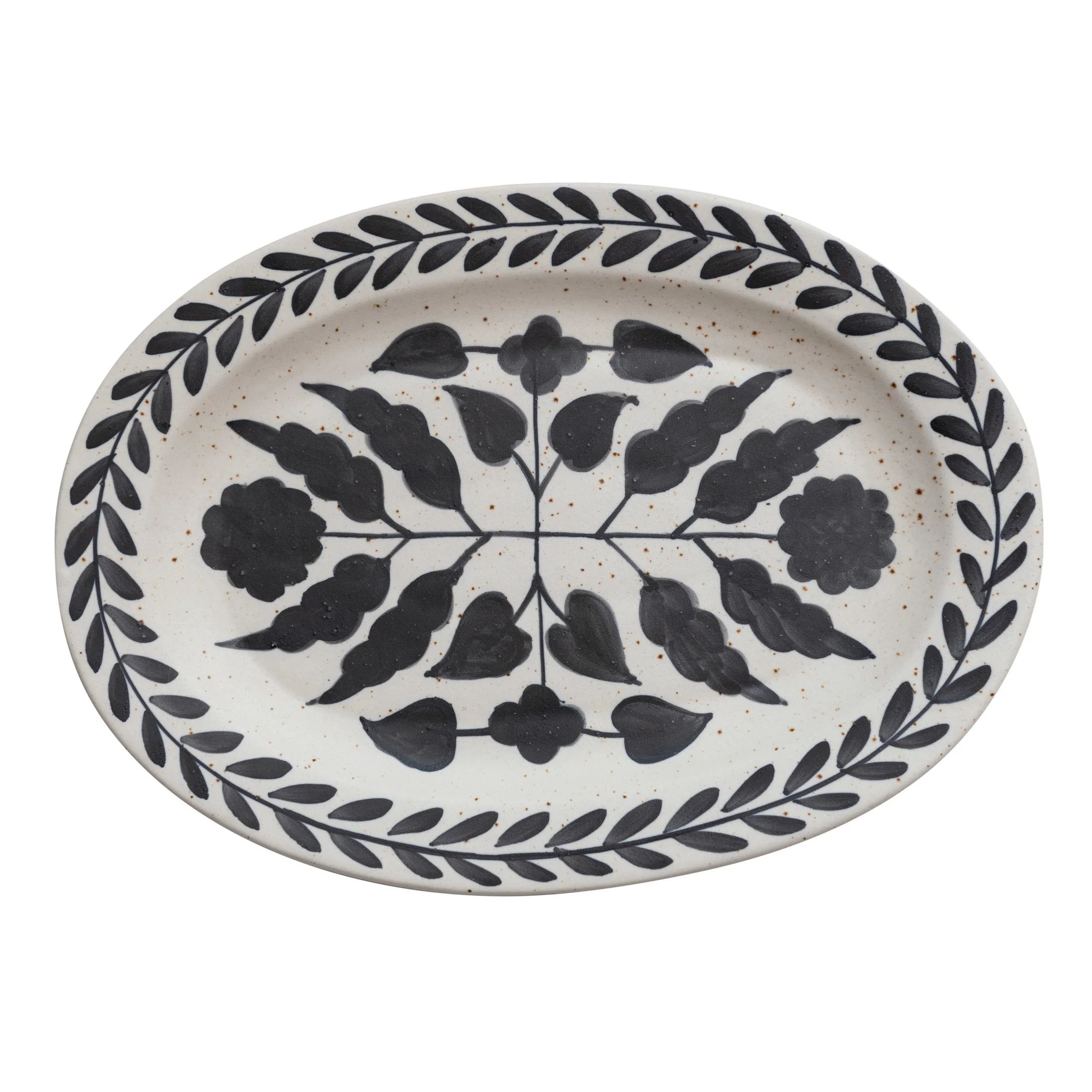 Creative Co-Op Hand Painted Stoneware Platter with Floral Design, Black and White | Walmart (US)