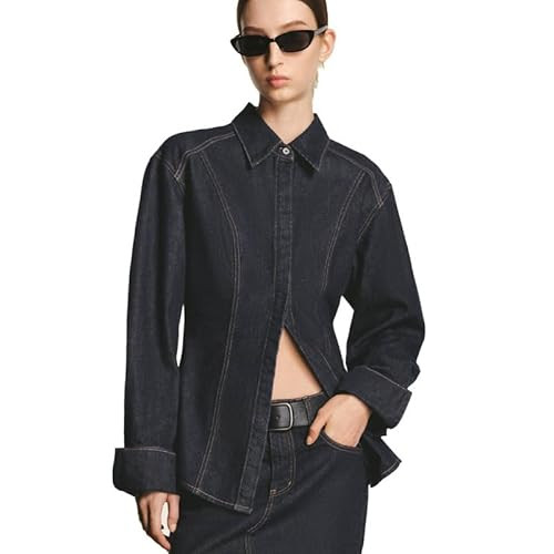 URBAN REVIVO Half Open Front Denim Jackets For Women Trendy Slit Hem Long Sleeve Jean Jacket Casual Button Down Denim Shirt Blue, Medium | Amazon (US)