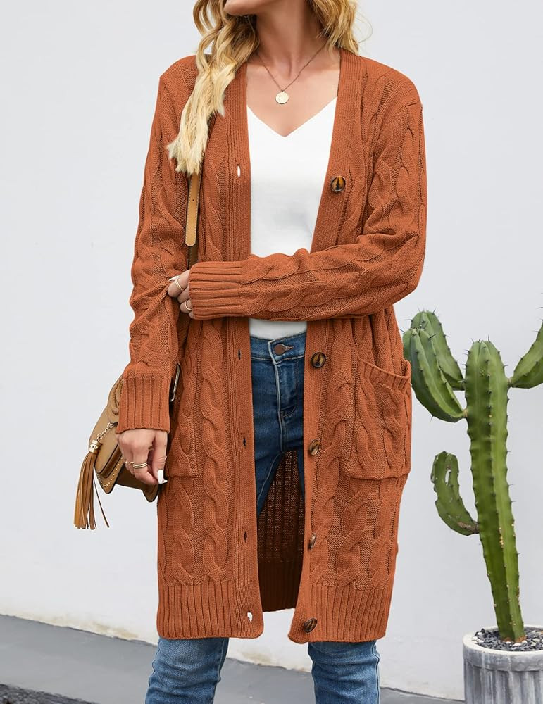 MEROKEETY Womens Long Sleeve Cable Knit Long Cardigan Open Front Button Sweater Outerwear | Amazon (US)