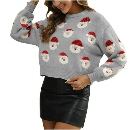 miqiqism Women Christmas Pullover Sweaters Santa Claus Print Loose Fit Knitted Cropped Tops Long Sleeves Crew Neck Jumper Tops Juniors Trendy Winter Sweater Gray X-Large | Walmart (US)