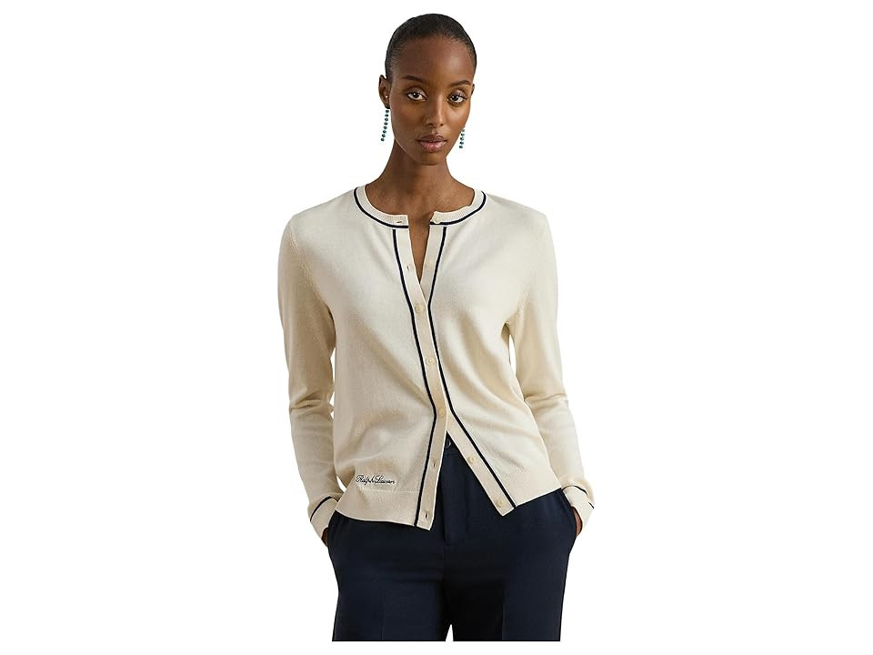 Lauren Ralph Lauren Petite Two-Tone Cotton-Modal Cardigan Women's Sweater Mascarpone Cream/Refined Navy : PS, Cotton/Modal | Zappos