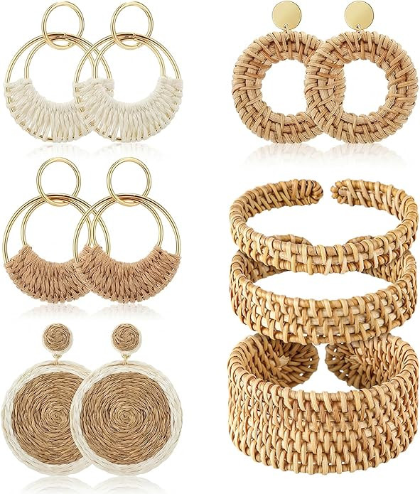 11 Pcs Boho Rattan Bracelet Earrings Set for Women, 3 Woven Raffia Bracelets 4 Pair Straw Earring... | Amazon (US)