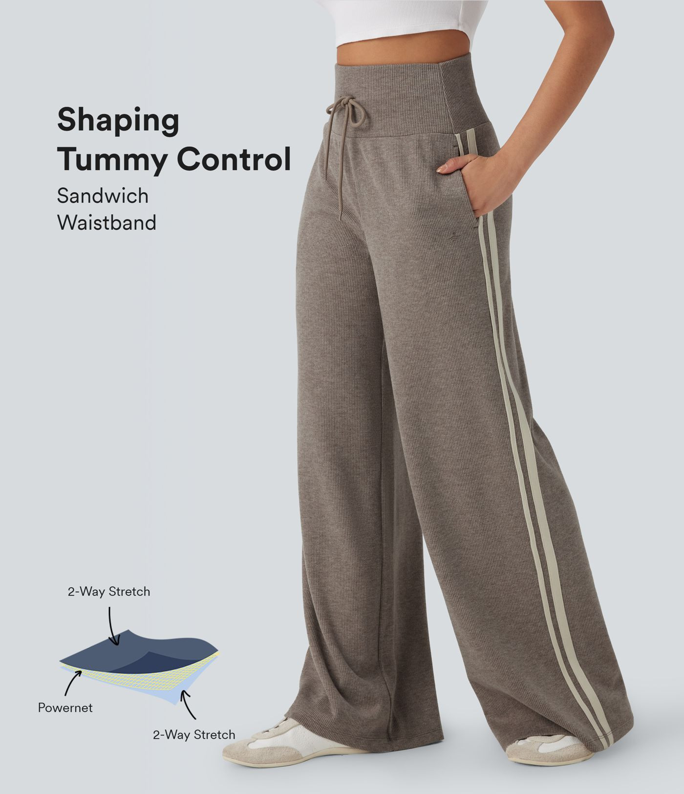 Women’s Ribbed High Waisted Tummy Control Drawstring Wide Leg Color Block Fleece Casual Trouser... | Halara UK
