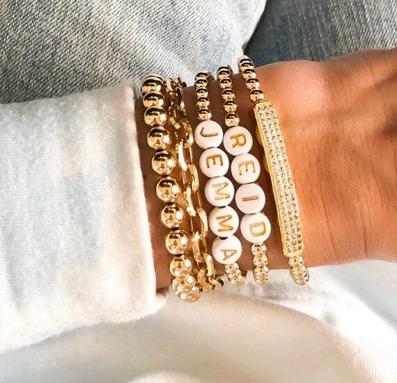 14k Gold Filled with Pave Bar beaded 4mm Bracelet | 14k Gold Filled Charm Bracelet | Custom Beade... | Etsy (US)