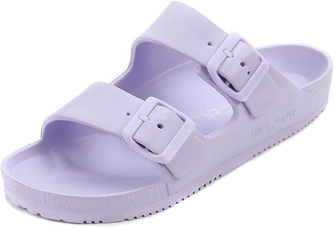 VICT POPU Womens Sandals Adjustable Double Buckle Strap Waterproof EVA Flat Slides | Amazon (US)
