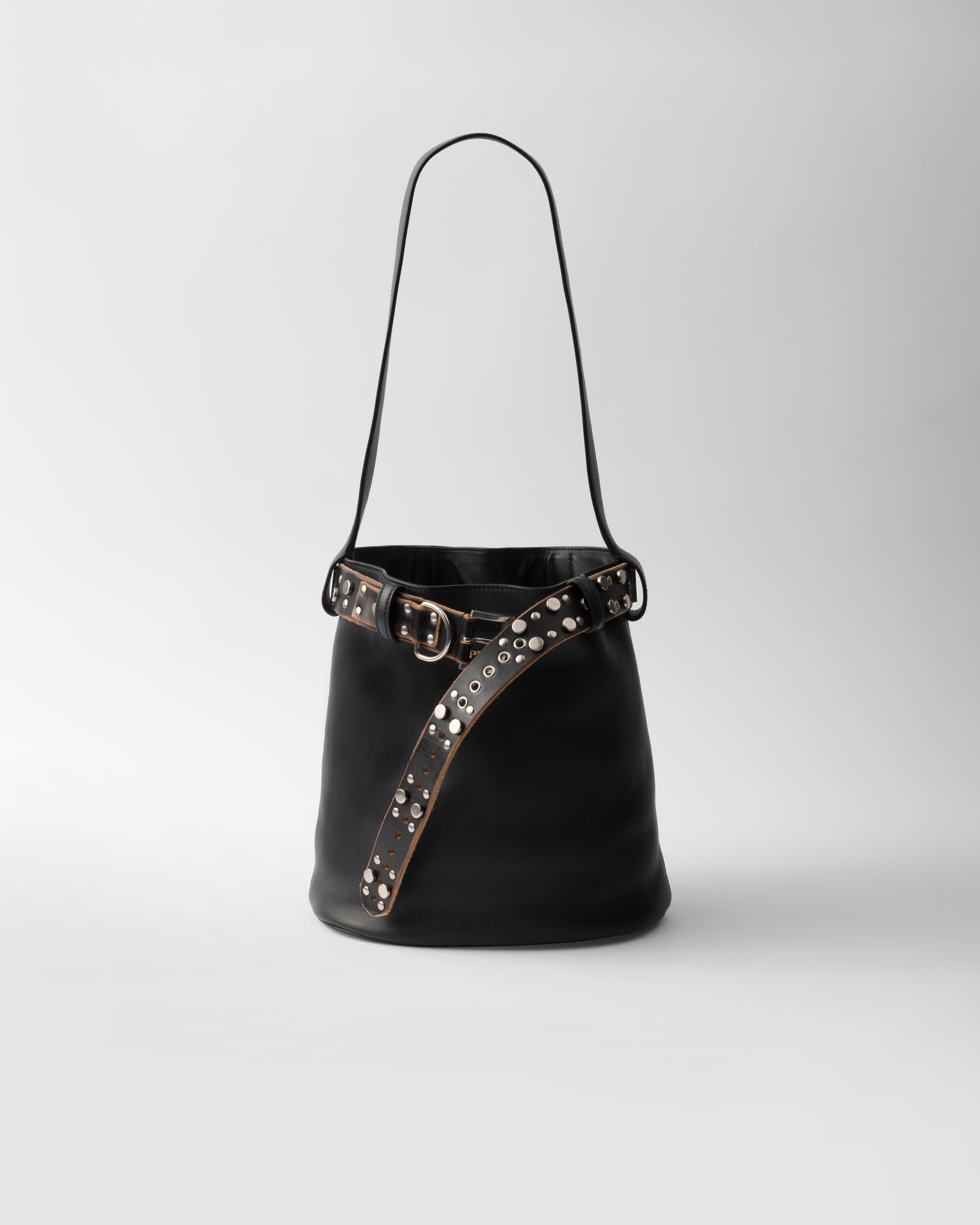 Prada Buckle leather bucket bag with studded belt | Prada US
