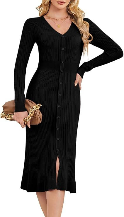 Arach&Cloz Womens Fall Sweater Dresses Trendy 2025 Long Sleeve V Neck Button Down Ribbed Knitted ... | Amazon (CA)