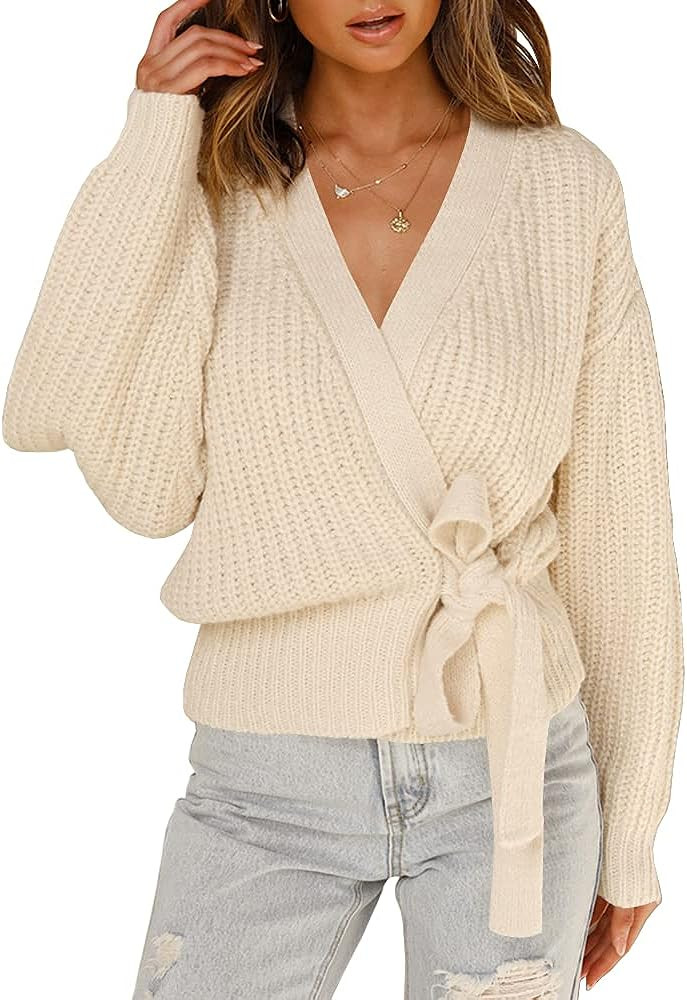 Foshow Womens Wrap Long Batwing Sleeve Sweaters Tops V Neck Belted Waist Tie Front Pullover Sweat... | Amazon (US)