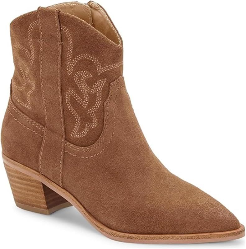 Coutgo Women's Cowgirl Western Ankle Boots Pointed Toe Chunky Heel Stitching Cowboy Booties | Amazon (US)