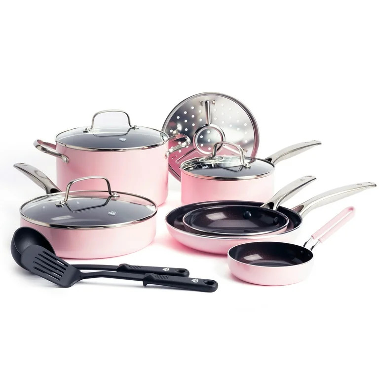Blue Diamond Toxin-Free Ceramic and Dishwasher Safe 12-Piece Pots and Pans Cookware Set, Pink - W... | Walmart (US)