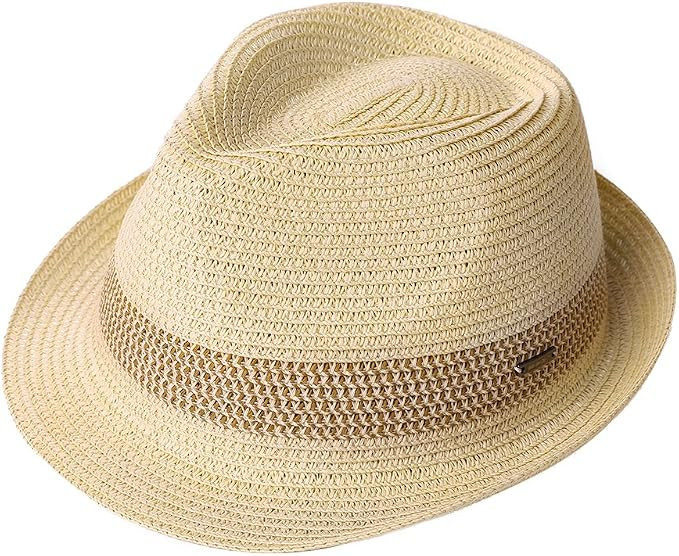 Fancet Packable Straw Fedora Panama Sun Summer Beach Hat Cuban Trilby Men Women 56-67cm | Amazon (US)