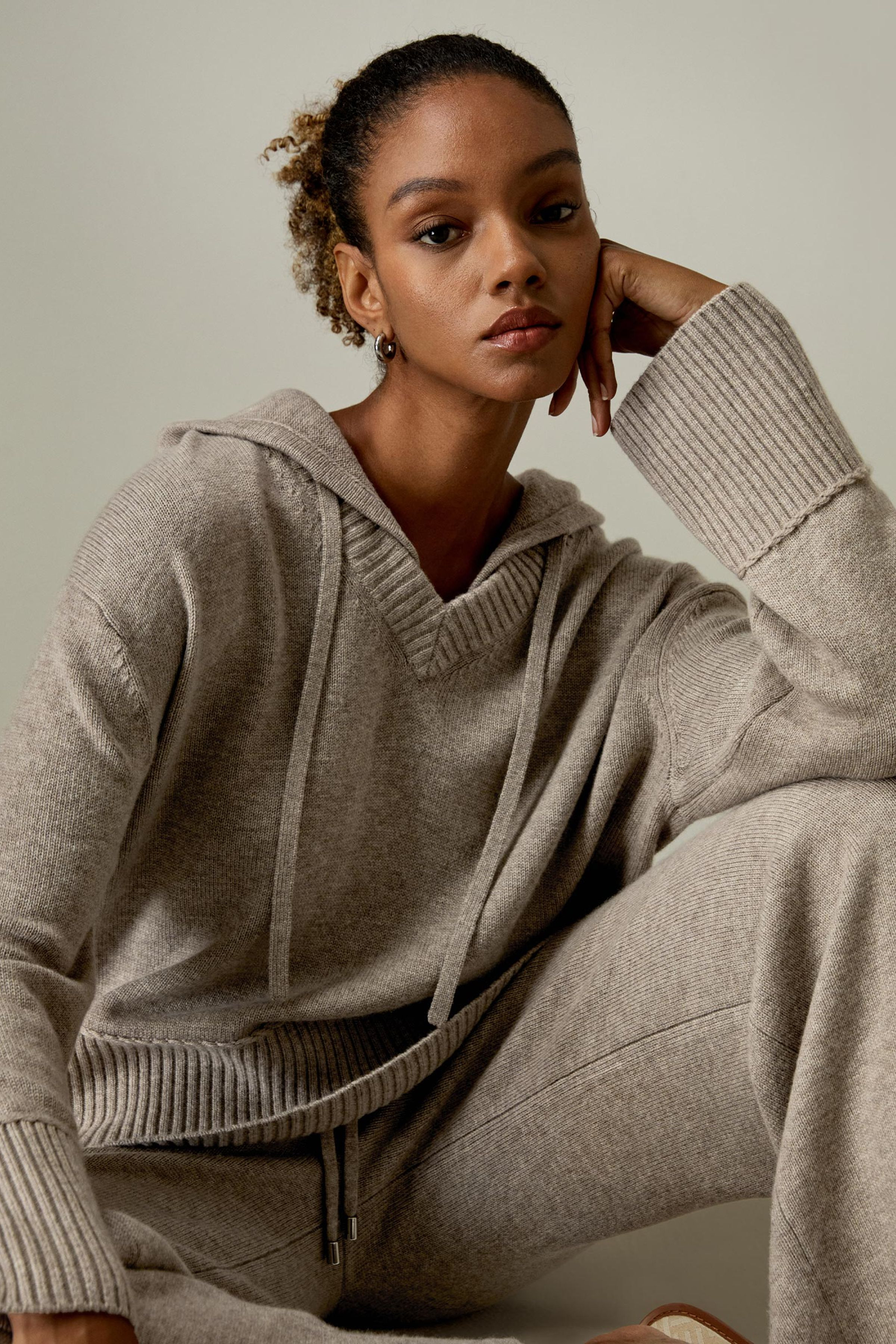V Neck Wool-Cashmere Blend Hoodie | LILYSILK