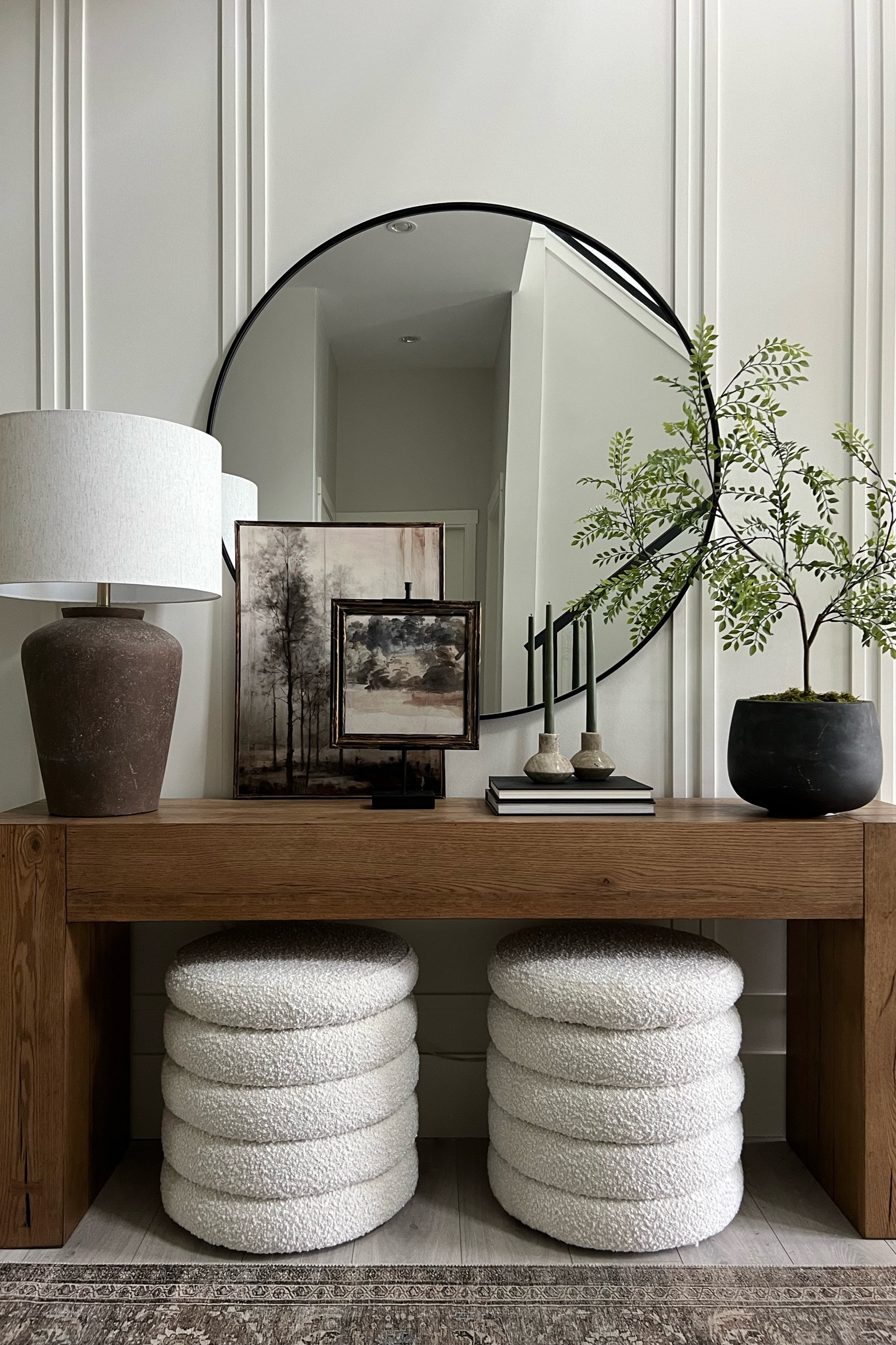 Simple Spring styling for the entry console! 
Love the faux fern stem, a perfect look going into Summer.
My storage ottomans are currently marked down at Walmart !

#LTKHome #LTKFamily