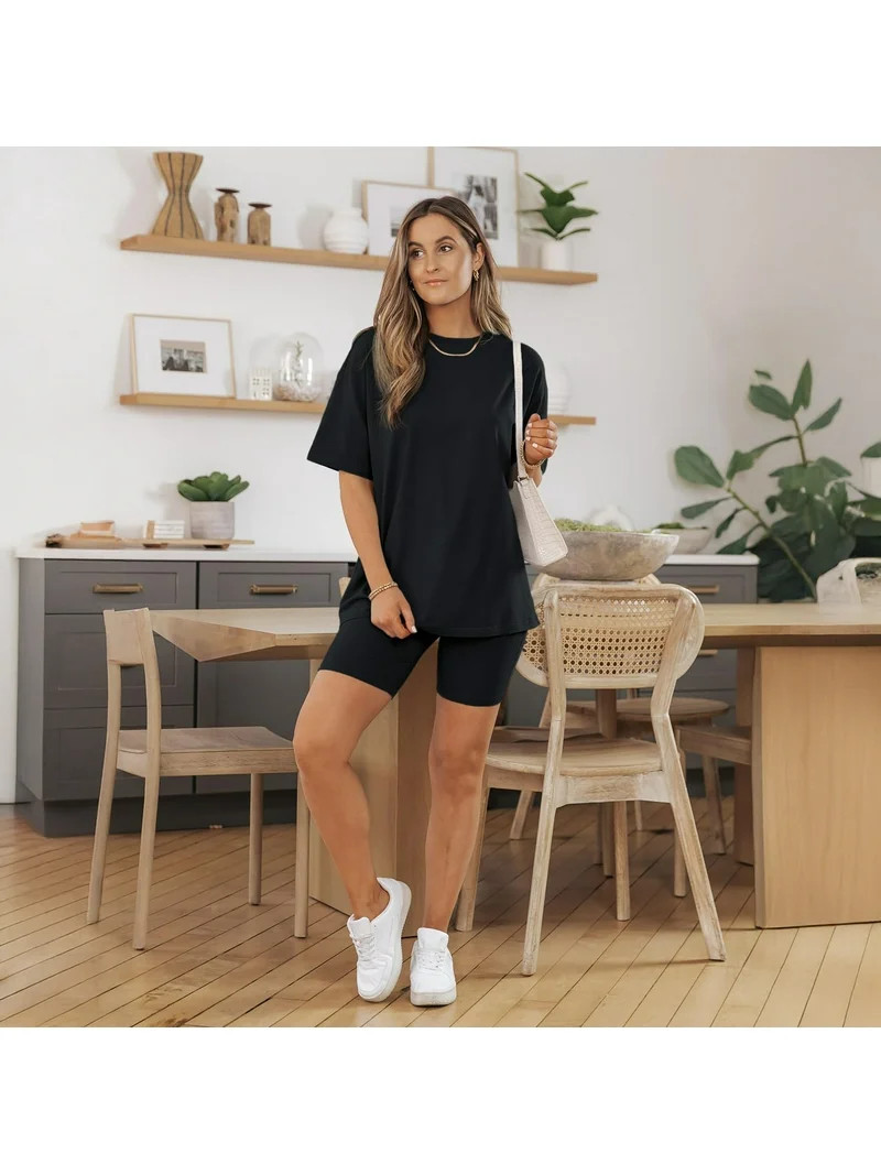 SUNBS 2 Piece Outfit for Women Lounge Sets Oversized Tshirts Matching Biker Short Summer Clothing... | Walmart (US)
