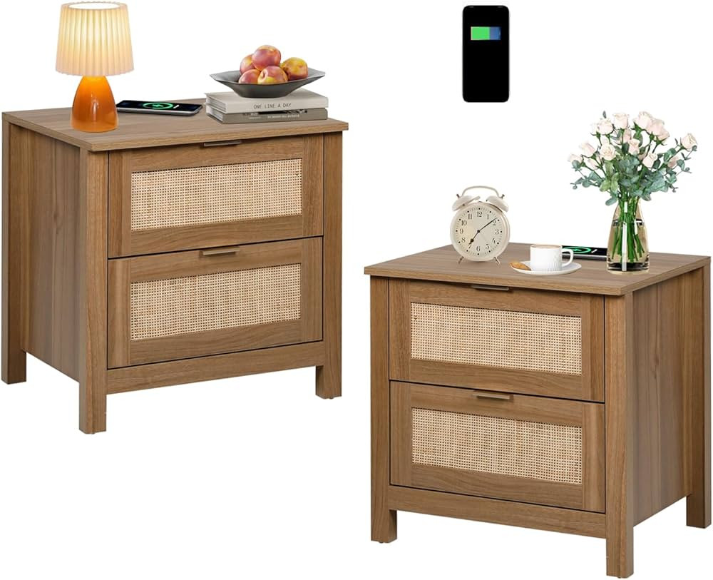 AILEEKISS Night Stand Set of 2 Rattan Nightstands with Wireless Charging Station, Wood Accent Bed... | Amazon (US)