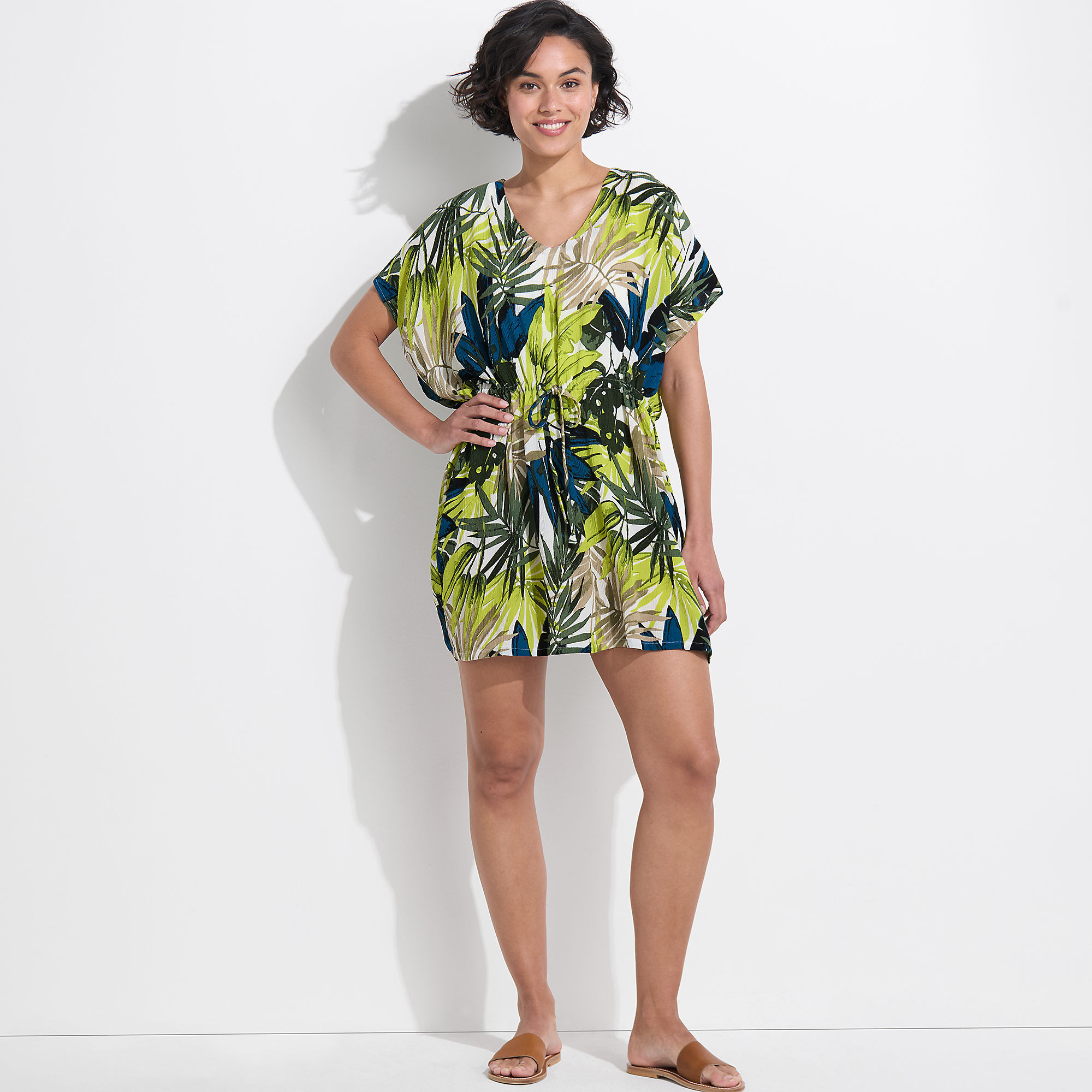 Women's Crinkle Rayon Short Sleeve Gathered Waist Kaftan Swim Cover-up Dress | Lands' End (US)