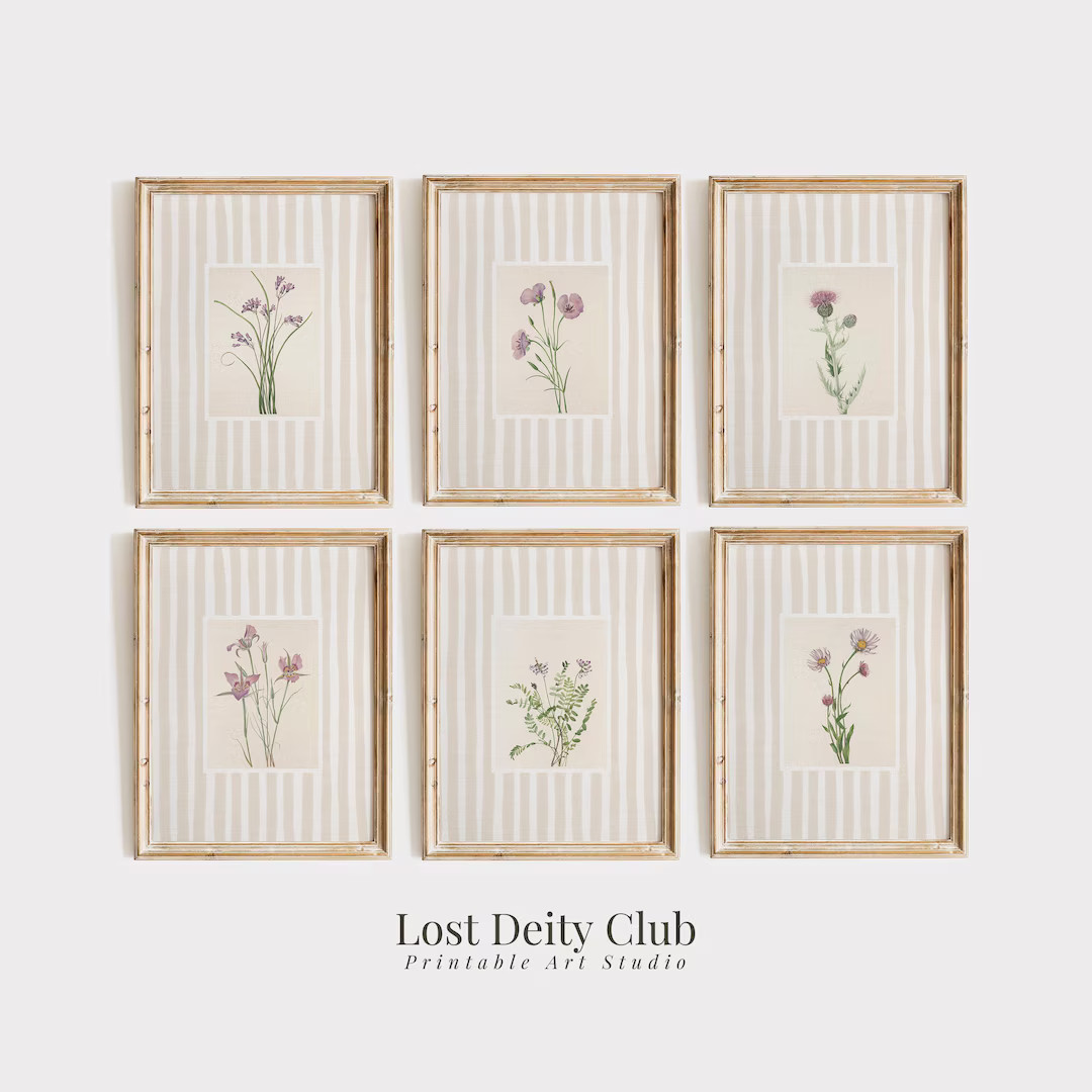 Beige Striped Floral Art Print Set of 6, Cottagecore Botanical Prints, Neutral Gallery Wall Art S... | Etsy (US)