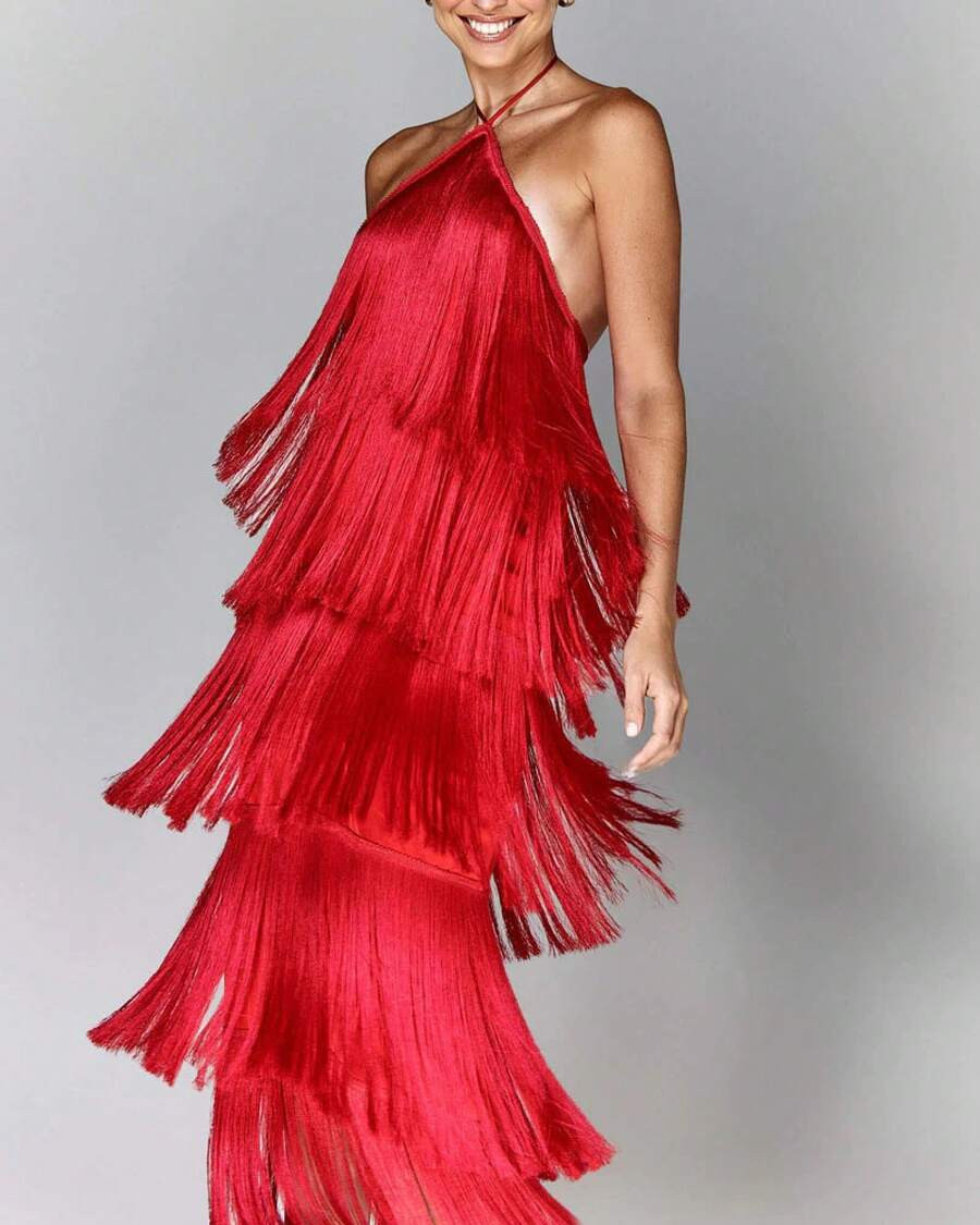 LocalNEWGY25044 Fashionable Halter Neck Tassel Backless Slit Dress | SHEIN