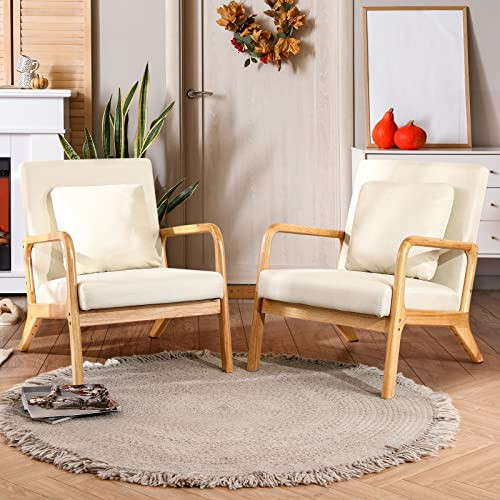 ELUCHANG Mid-Century Modern Accent Chair with Lumbar Pillow, Linen Fabric Comfy Lounge Side Upholstered Reading Armchair for Living Room Bedroom Apartment,Easy Assembly(Beige,2pcs) | Amazon (US)