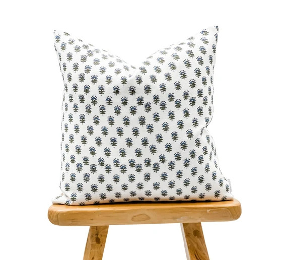 Designer Floral in Olive Green and Blue on off White Linen | Etsy | Etsy (US)