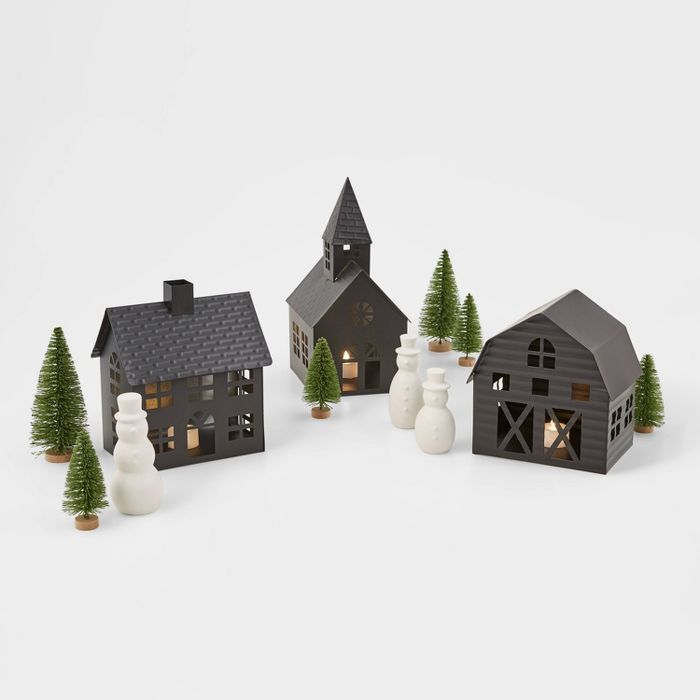 Metal Buildings with Trees & Ceramic Snowmen Decoration Kit Black - Wondershop™ | Target