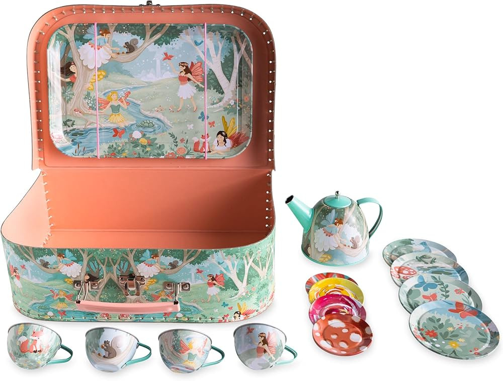 HearthSong 15-Piece Fairy-Themed Tin Tea Set with Lidded Teapot, Includes Teapot, 4 Plates, 4 Cup... | Amazon (US)