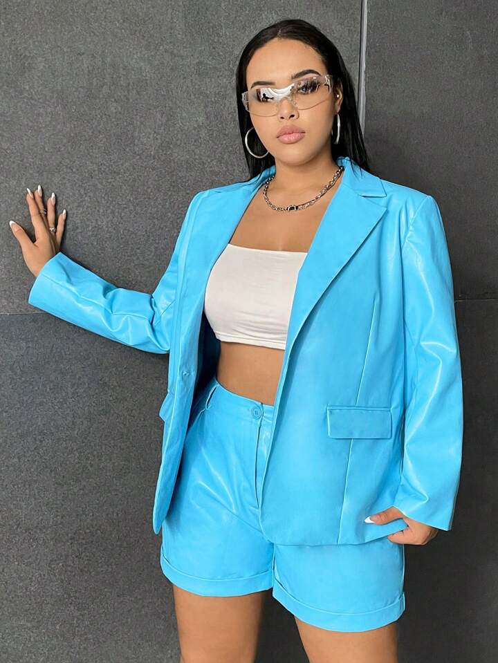 SHEIN Coolane Plus Lapel Neck PU Leather Blazer & Shorts | SHEIN USA | SHEIN