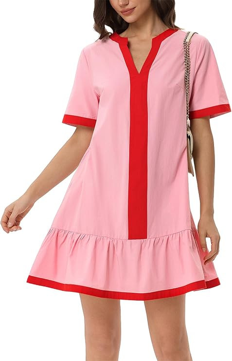 EZAPINE Women Summer Mini Dress 2026 Short Sleeve Drop Waist Mini Dress Cute V Neck Colorblock Sh... | Amazon (US)