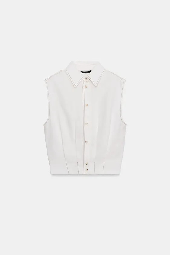LINEN BLEND TOP WITH TOPSTITCHING | Zara UK