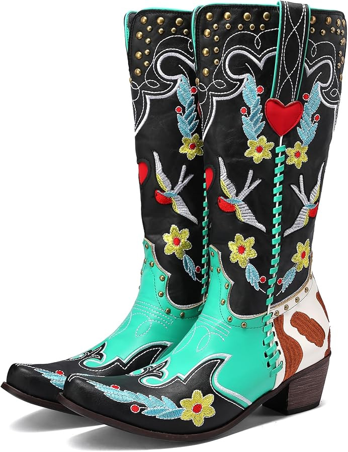 Women's Swallow Floral Embroidered Cowgirl Boots - Chunky Low Heels - Handmade Rivets - Western C... | Amazon (US)