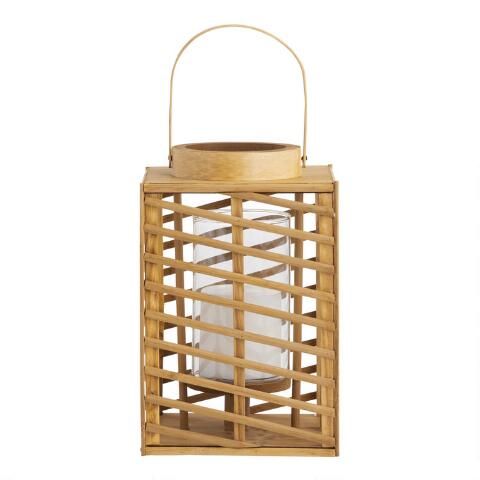 Square Natural Wood and Rattan Candle Lantern | World Market