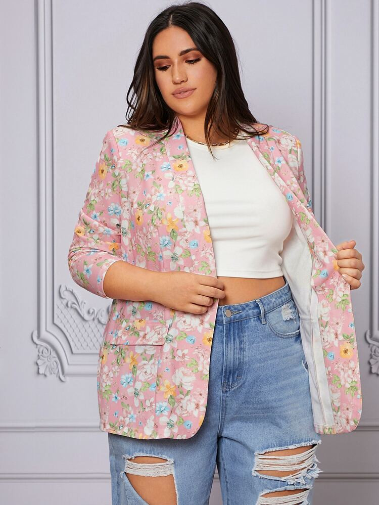 SHEIN Plus Floral Print Shawl Collar Blazer | SHEIN