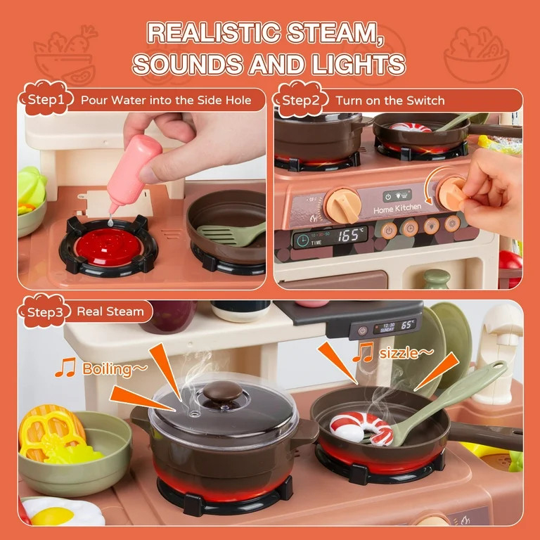 Wisairt Play Kitchen Set for Kids, Kids Play Kitchen with Realistic Lights and Sounds, Simulation... | Walmart (US)