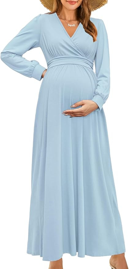 OUGES Maternity Maxi Dress Wrap V Neck Baby Shower Pregnancy Dresses for Photoshoot | Amazon (US)