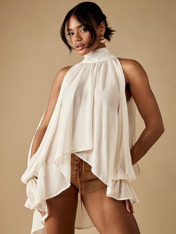 MISSGUIDED Elegant Halter Neck Top Long Bishop Sleeve Tie Back Draped High Low Chiffon Blouse Evening Party Wedding Guest Summer Spring Fall | SHEIN