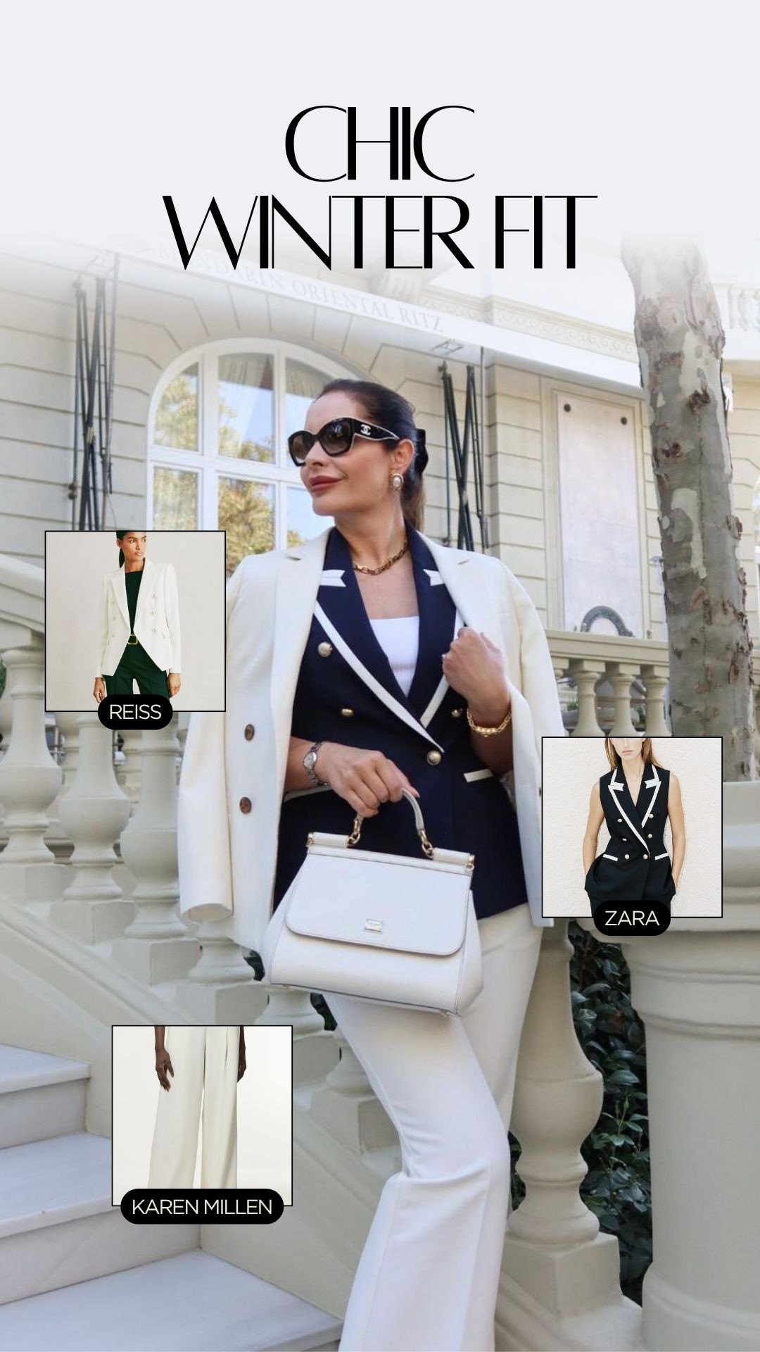 Winter whites, but make it power-polished 🤍
A navy-and-cream combo that never fails — tailored Reiss blazer, crisp Karen Millen trousers, layered with a Zara vest and Vince tank for the perfect winter contrast. 

Finished with Chanel sunnies, a Dior necklace, and gold pieces from Revolve for that quiet-luxury edge. 

 #LTKdayinmylife #LTKootd #LTKWorkwear