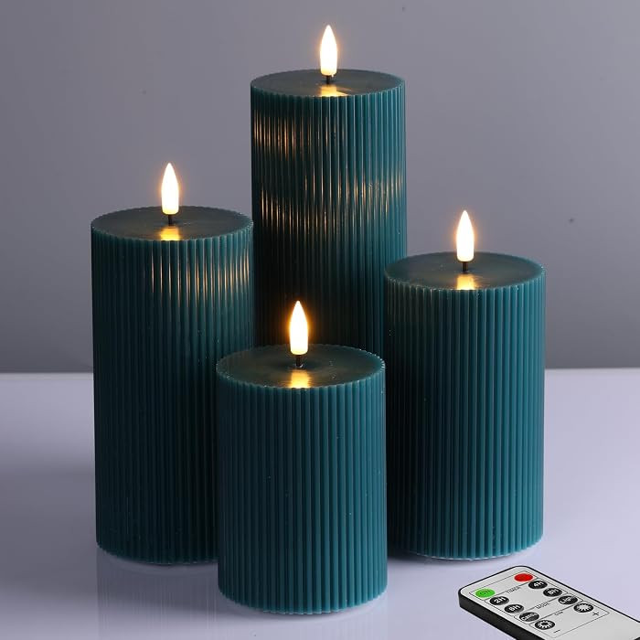 Teal Ribbed Flameless Pillar Candles with Remote, Flat Top Flickering LED Wax Battery Candles Set... | Amazon (US)