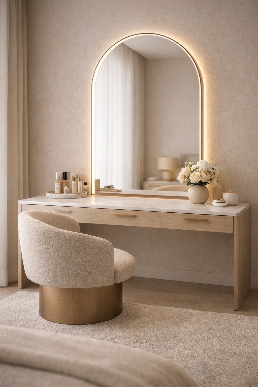 A modern vanity table styled in warm neutral tones with a sculptural chair, soft lighting, and an elegant arched mirror.
This minimalist makeup corner feels calm, refined, and hotel-inspired — perfect for modern bedrooms and beauty spaces.
Save this idea if you love soft beige interiors, clean design, and cozy luxury aesthetics.
#modernvanity
#makeuptable
#neutralinterior
#vanityinspo
#modernhome
#minimalistdesign
#beautyroom
#warmneutrals
#interiordesign
#homedecorinspo


#LTKHome #LTKU #LTKSaleAlert